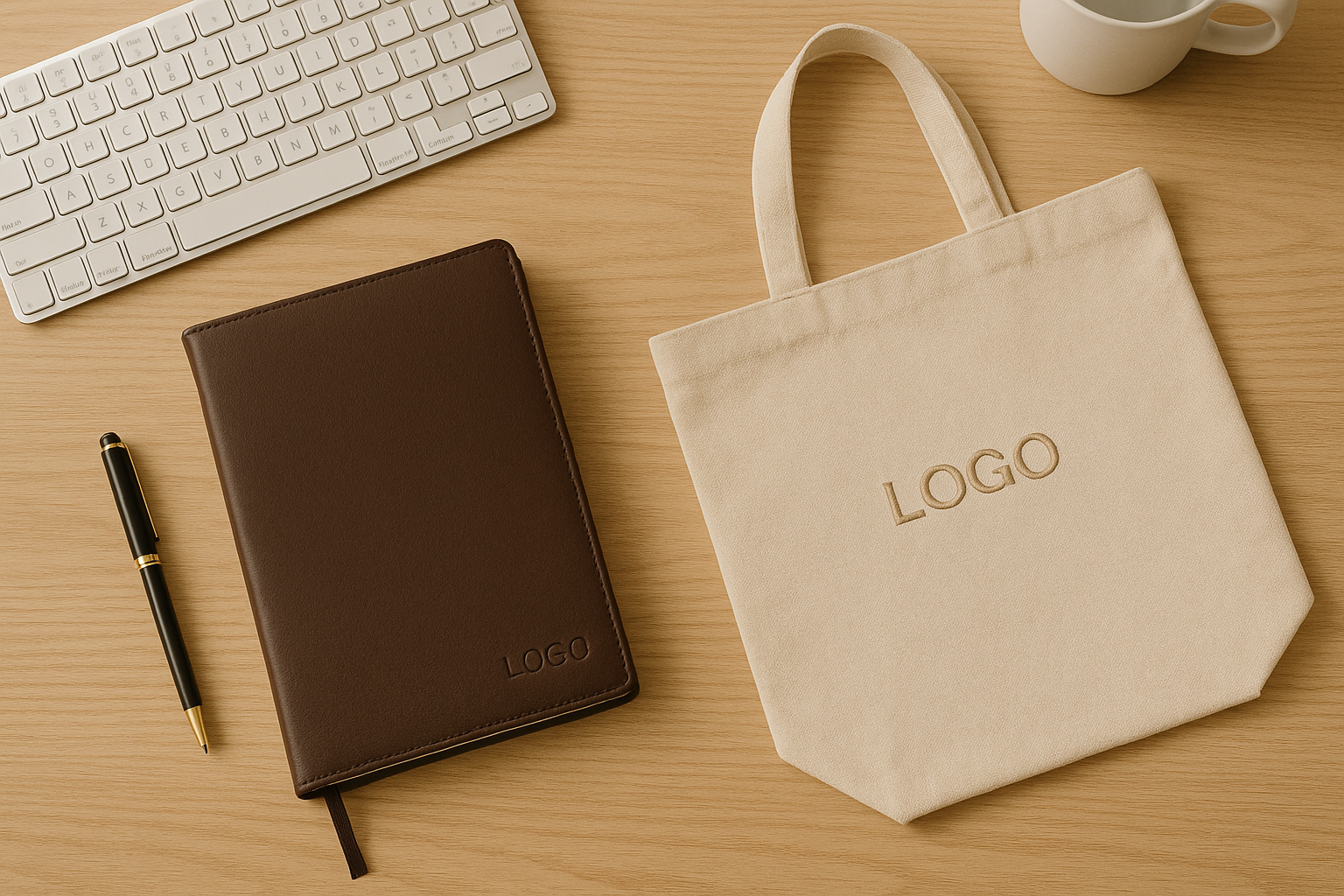 Luxury corporate accessories including a leather notebook, pen, and tote bag with company branding