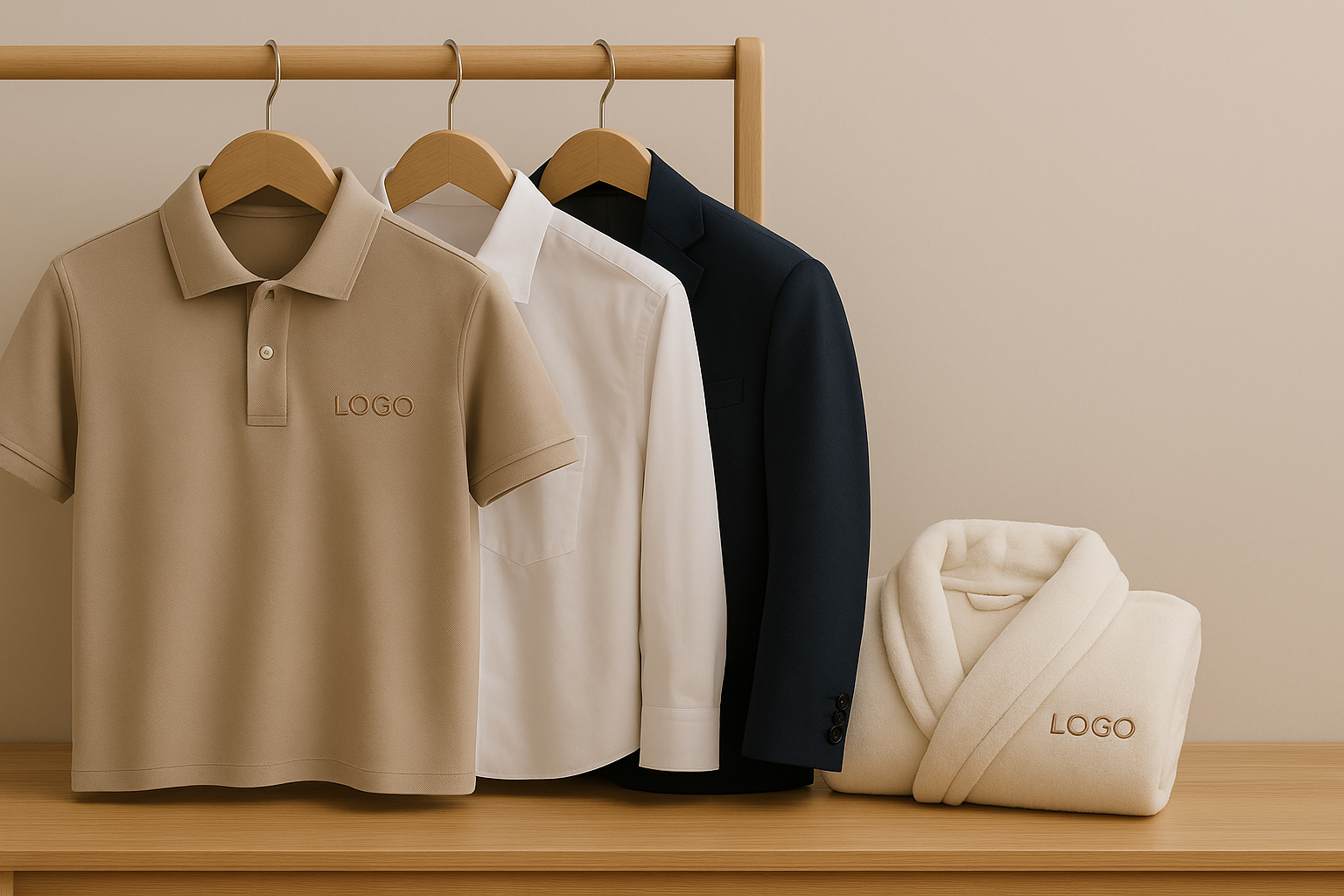 Premium branded corporate clothing including shirts, jackets, and luxury bathrobes