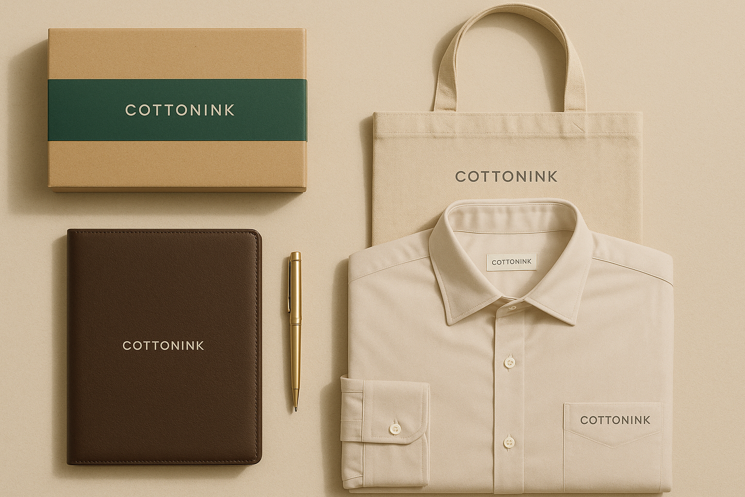Flat-lay of luxury corporate gifts including branded apparel and accessories by The CottonInk