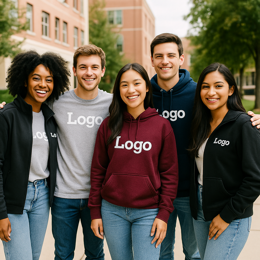 Diverse group of university students wearing custom t-shirts, hoodies, and jackets with "Logo" printed, standing together on a campus background.