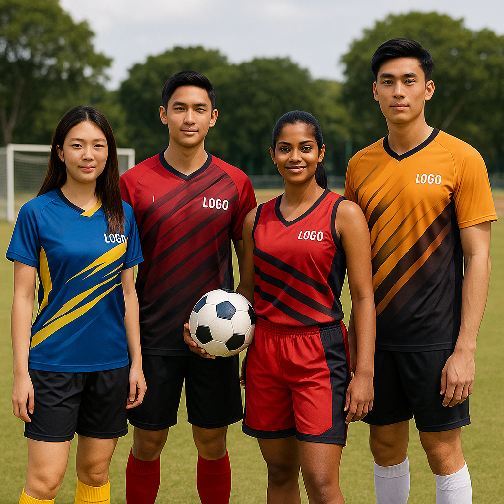 Malaysian football players in bright, custom team kits with “logo” text, celebrating together on a sports field under daylight.