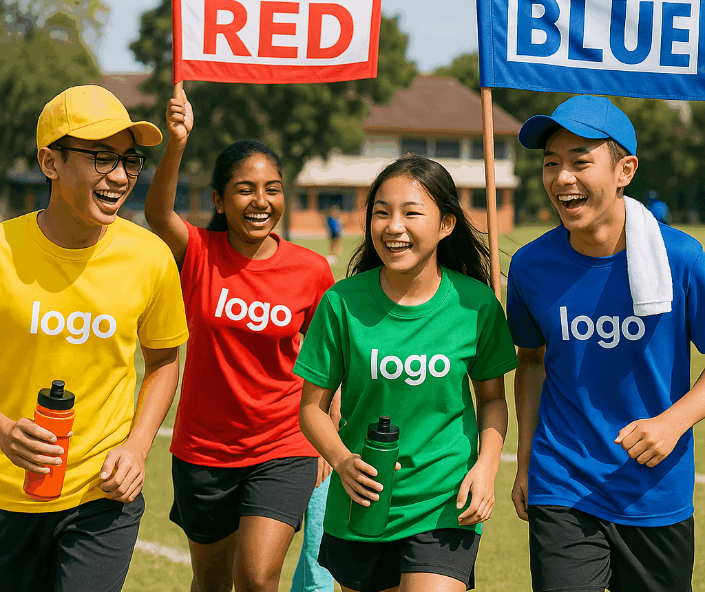 Malaysian schoolchildren in colorful house t-shirts marked “logo,” cheering and smiling during sports day on a sunny field.