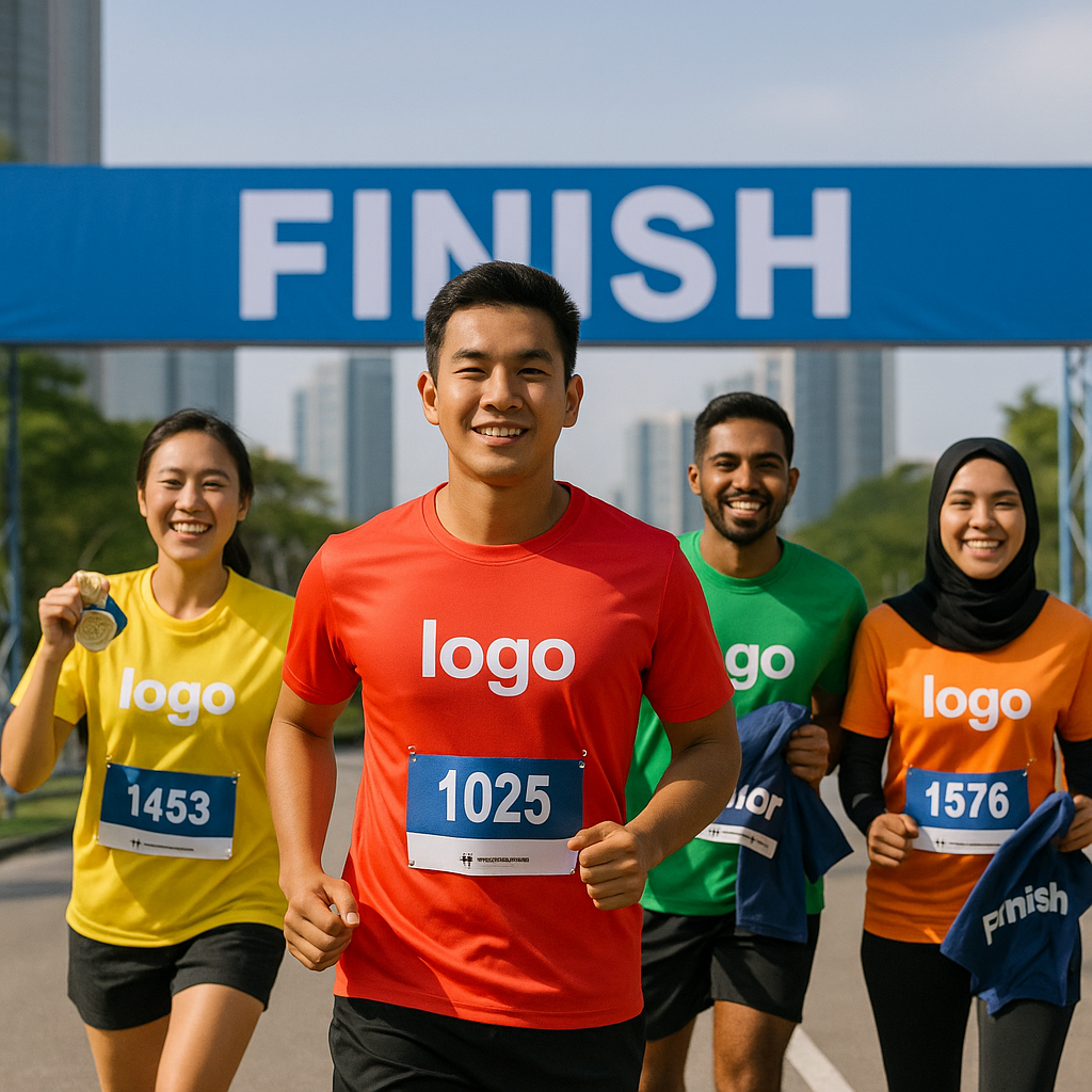 Malaysian marathon runners in “logo” shirts with race bibs, some near a finish line, others holding medals and commemorative gear.