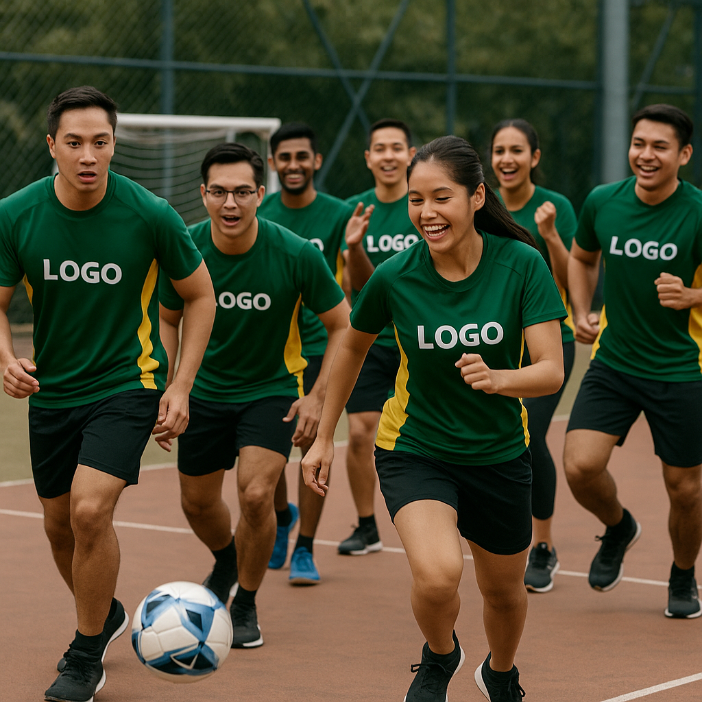 Malaysian coworkers in matching “logo” sportswear smiling and playing team games on a sunny field during a corporate sports day.