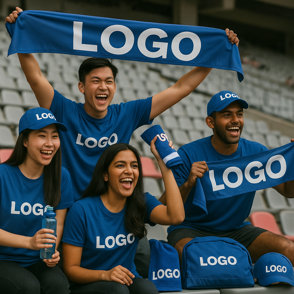 Malaysian sports fans waving banners and wearing “logo” merch, surrounded by branded water bottles, towels, and bags on game day.