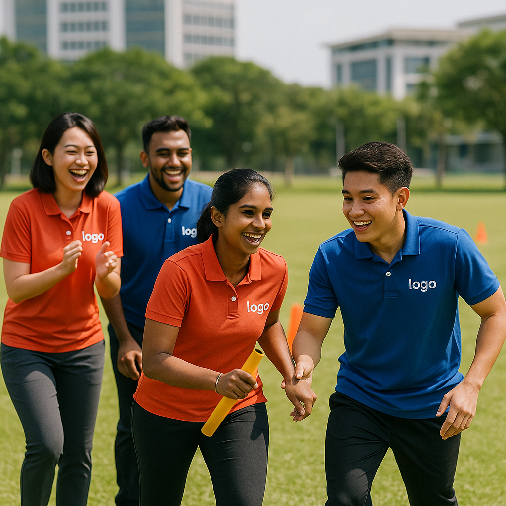 Corporate employees wearing custom team building t-shirts and matching uniforms during outdoor team activity.