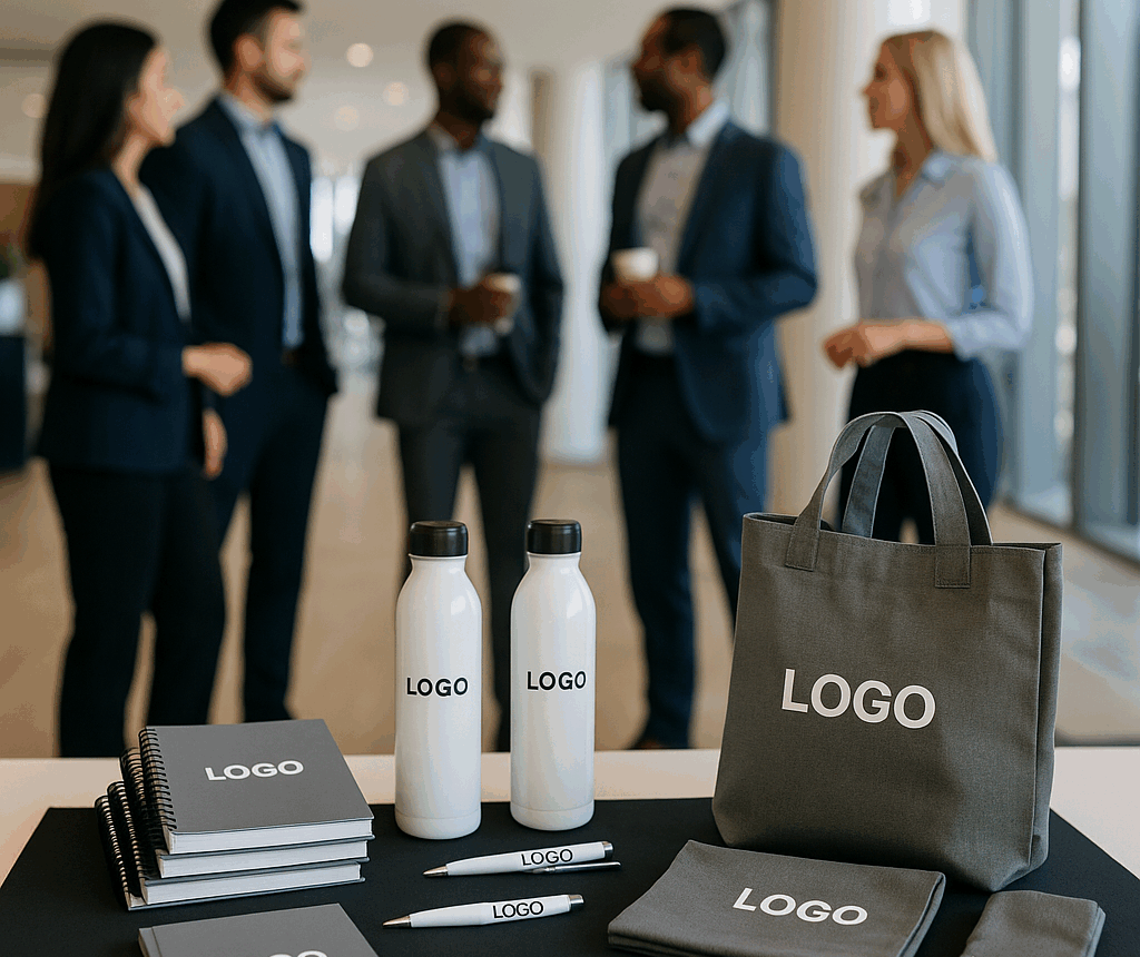 Corporate event merchandise and branded business gifts displayed at professional conference or trade show.