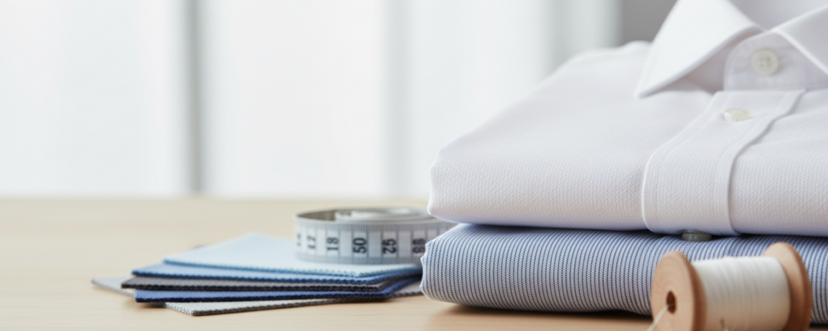 Folded white and blue button-down business shirts on a wooden table, accompanied by fabric swatches, a coiled measuring tape, and a spool of white thread.