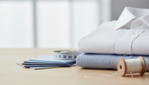 Folded white and blue button-down business shirts on a wooden table, accompanied by fabric swatches, a coiled measuring tape, and a spool of white thread.