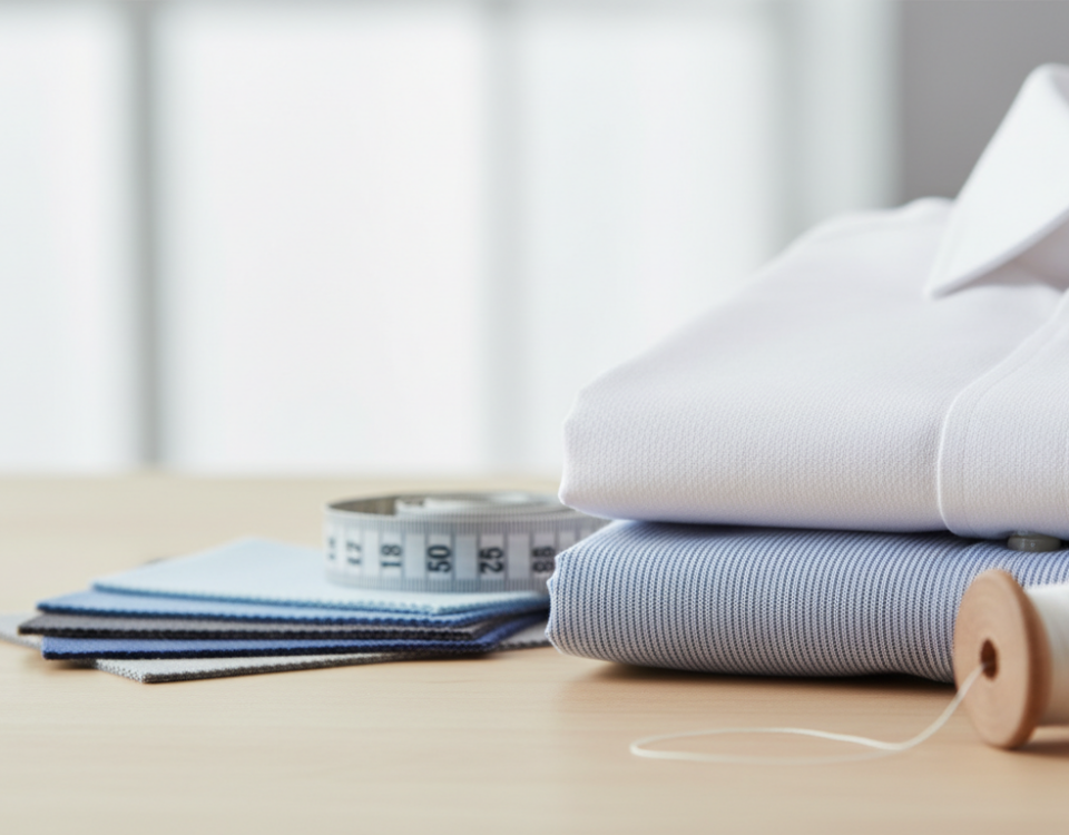 Folded white and blue button-down business shirts on a wooden table, accompanied by fabric swatches, a coiled measuring tape, and a spool of white thread.