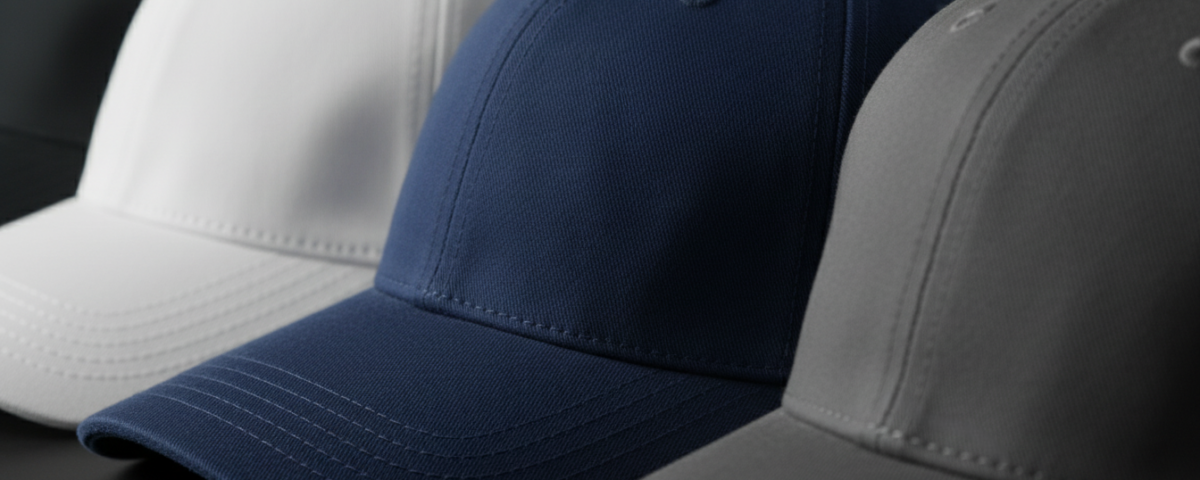 Close-up view of baseball caps arranged in a diagonal row, focusing on the detailed fabric texture of a navy blue cap in the foreground, with grey and white caps behind it.