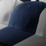 Close-up view of baseball caps arranged in a diagonal row, focusing on the detailed fabric texture of a navy blue cap in the foreground, with grey and white caps behind it.