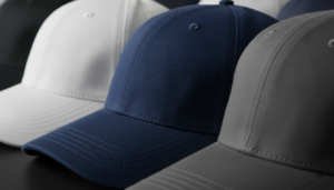 Close-up view of baseball caps arranged in a diagonal row, focusing on the detailed fabric texture of a navy blue cap in the foreground, with grey and white caps behind it.