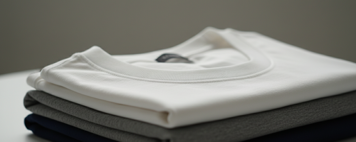 A neat stack of three folded t-shirts with a soft white crew neck shirt on top, resting above grey and dark navy blue layers.