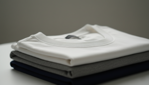 A neat stack of three folded t-shirts with a soft white crew neck shirt on top, resting above grey and dark navy blue layers.