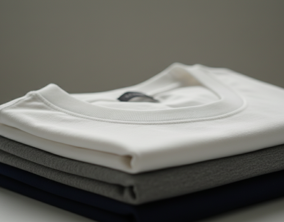 A neat stack of three folded t-shirts with a soft white crew neck shirt on top, resting above grey and dark navy blue layers.