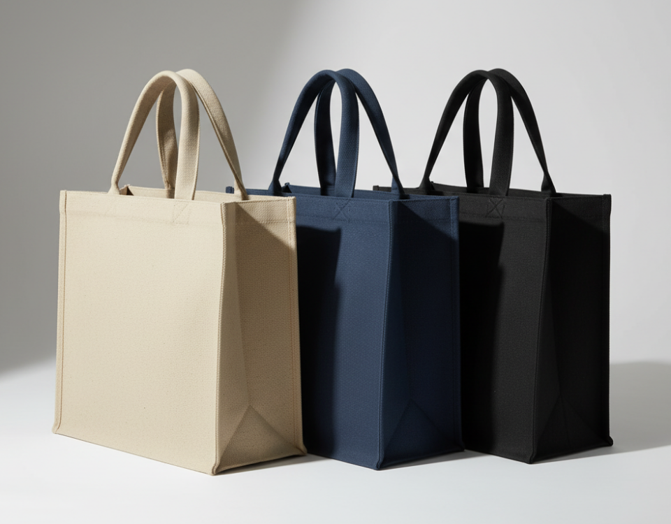 Three sturdy canvas tote bags standing in a row, featuring beige, navy blue, and black colors from left to right against a plain background.